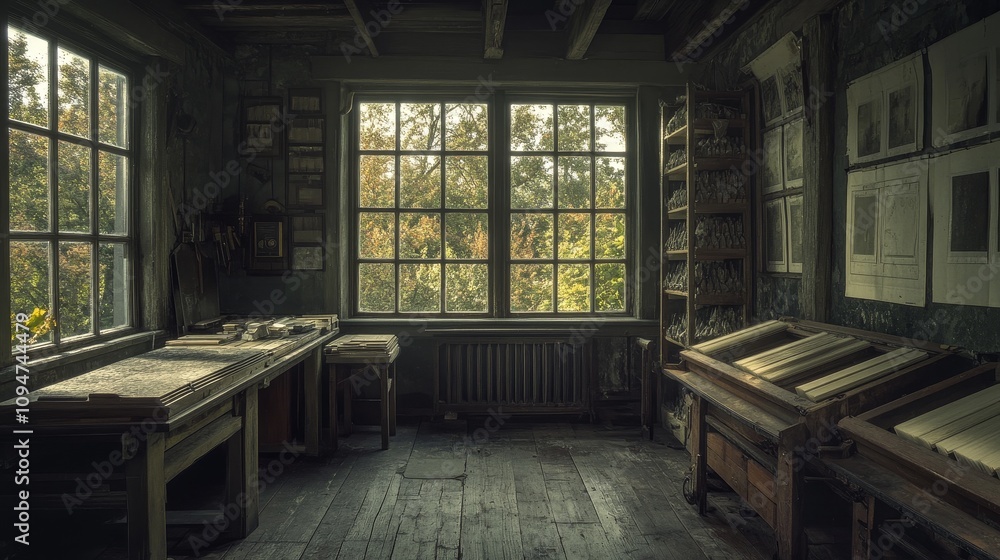 Poster a dimly lit room with two work tables and large windows overlooking trees