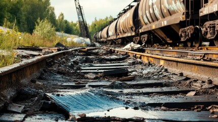 Close-up of the aftermath of a train derailment involving hazardous cargo, with tracks damaged and environmental safety concerns in focus