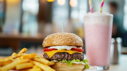A delicious burger with crispy fries and a thick milkshake sits enticingly in a vibrant diner setting, exuding irresistible culinary delight.