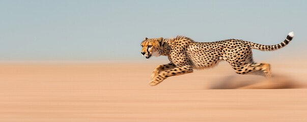Obraz premium cheetah running swiftly across sandy landscape, showcasing its speed and grace