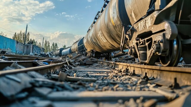 Close-up of the aftermath of a train derailment involving hazardous cargo, with tracks damaged and environmental safety concerns in focus