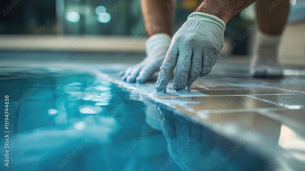 Poster close-up shot of a worker applying grout to repair a crack in a pool tile, demonstrating the meticul