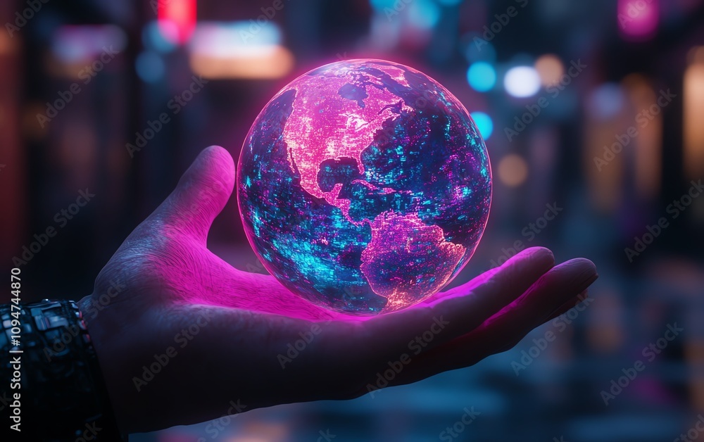 Leinwandbilder realistic 3d rendering of a neon earth hologram above a hand, with cyberpunk aesthetics and glowing 
