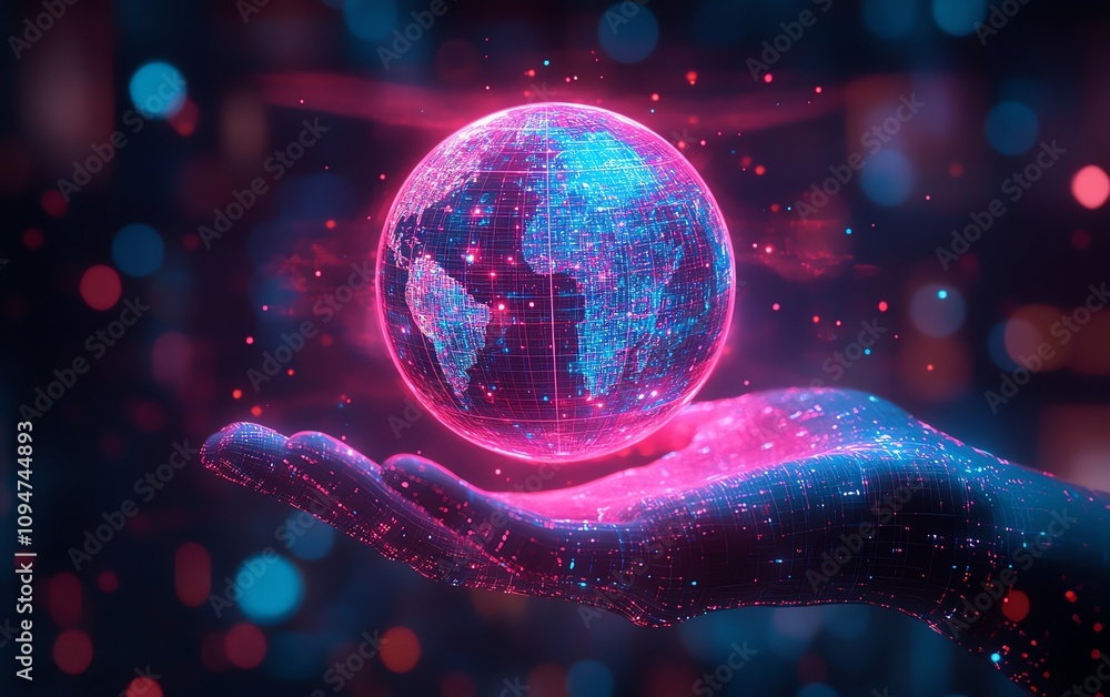 Leinwandbilder realistic 3d rendering of a neon earth hologram above a hand, with cyberpunk aesthetics and glowing 