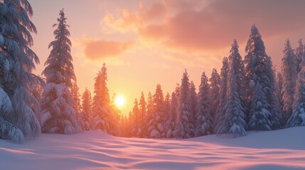 Winterlandschaft mit Sonnenuntergang und verschneiten B&auml;umen