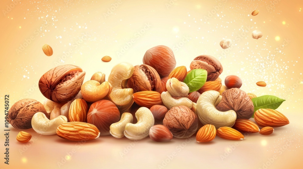 Poster array assorted nuts like hazelnuts cashews walnuts and almonds arranged artistically bright backdrop
