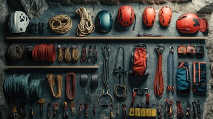 Detailed display of climbing equipment such as helmets, ropes, and harnesses arranged for outdoor adventure and safety in rugged terrain