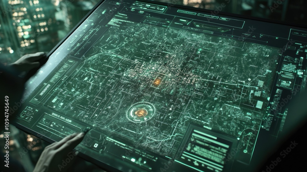 Poster holographic missile system interface displayed over a detailed digital city map, demonstrating advan