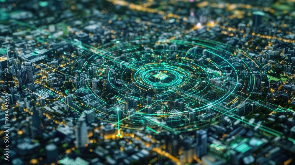 Poster Holographic missile system interface displayed over a detailed digital city map, demonstrating advanced military tech used in strategic analysis