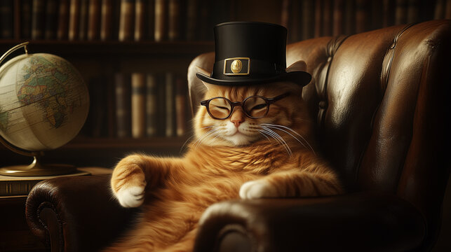 orange-furred cat, while he is sitting on a brown leather armchair with old intellectual glasses and a black top hat with his paw under his muzzle as if he were thinking,