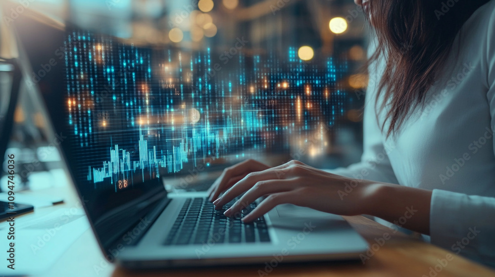 Poster woman using laptop with digital data visualization in a modern workspace during the evening