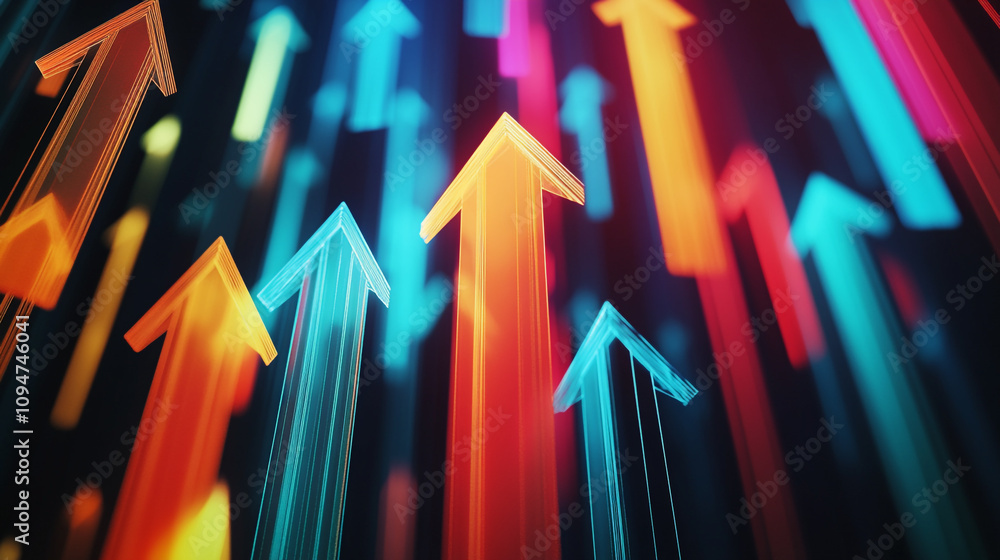 Poster colorful arrows pointing upward representing growth and progress in a digital context