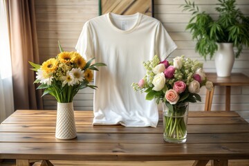 Flower arrangements and t-shirt mockup on wooden table in natural light
