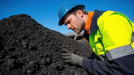 Laborer Examining Material on Construction Site