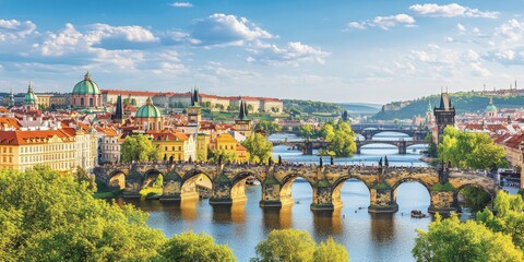 Prague's Old Town, seen from above in spring, shows the Charles Bridge arching over the Vltava River.  The castle is visible in the distance.