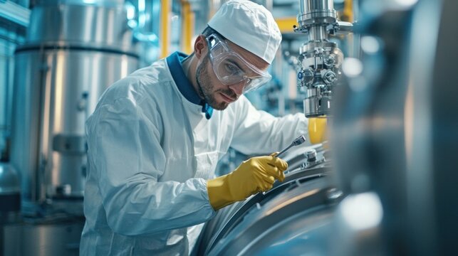 Maintenance worker fixing industrial machine in factory, wearing protective gear and holding wrench. Industrial maintenance and safety