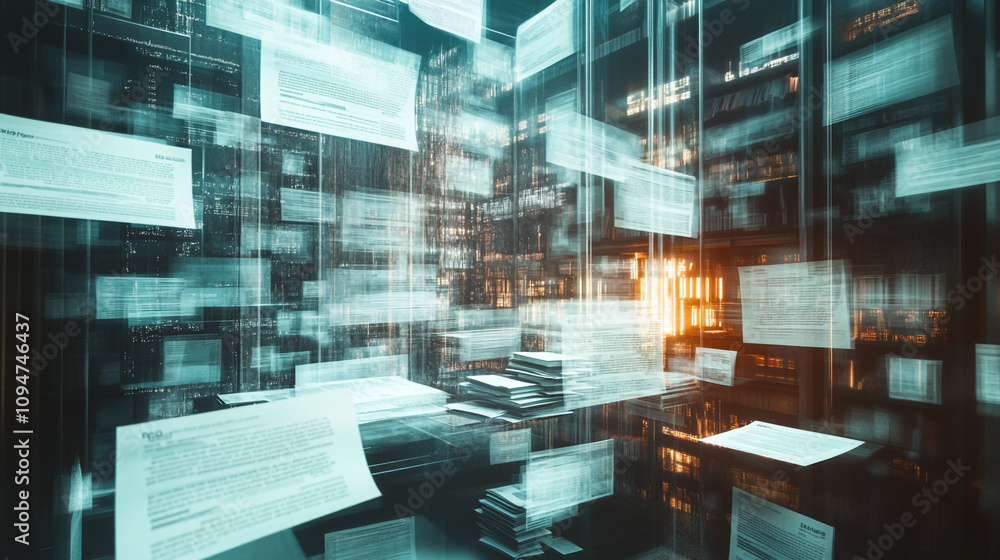 Poster dynamic flow of documents in a futuristic library at sunset