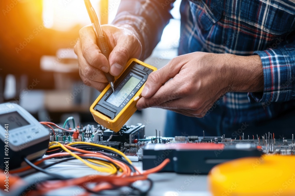 Aufkleber skilled technician using a multimeter for testing electrical systems in a workshop environment, ensu