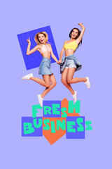 Vertical photo collage of two happy girls jump together fresh business founding partners success chance isolated on painted background