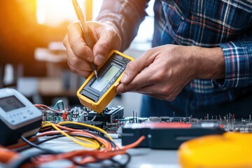 Skilled technician using a multimeter for testing electrical systems in a workshop environment, ensuring accurate measurements and diagnostics for electronic devices.