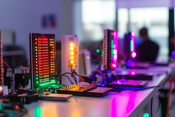 Colorful LED Displays and Electronic Components Set Up in a Modern Technology Laboratory Showcasing Advanced Visual Technology in a Creative Workspace