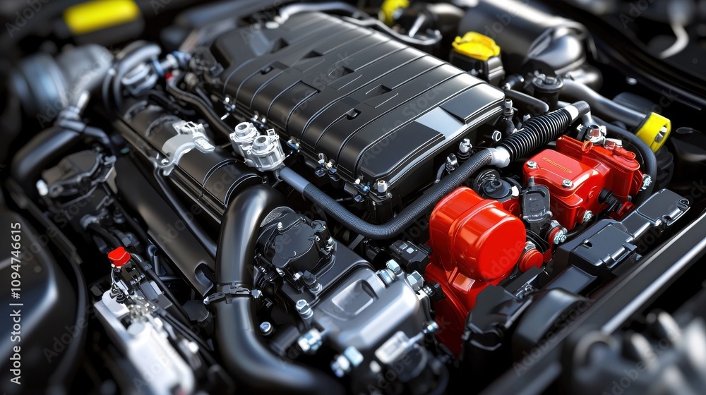 Poster close-up view of an illuminated engine bay with soft studio lighting showcasing engine components an