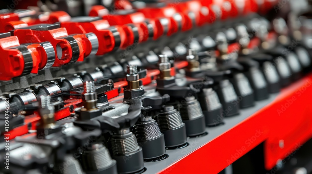 Poster detailed close-up of mechanic at work on engine components with tools in modern workshop environment