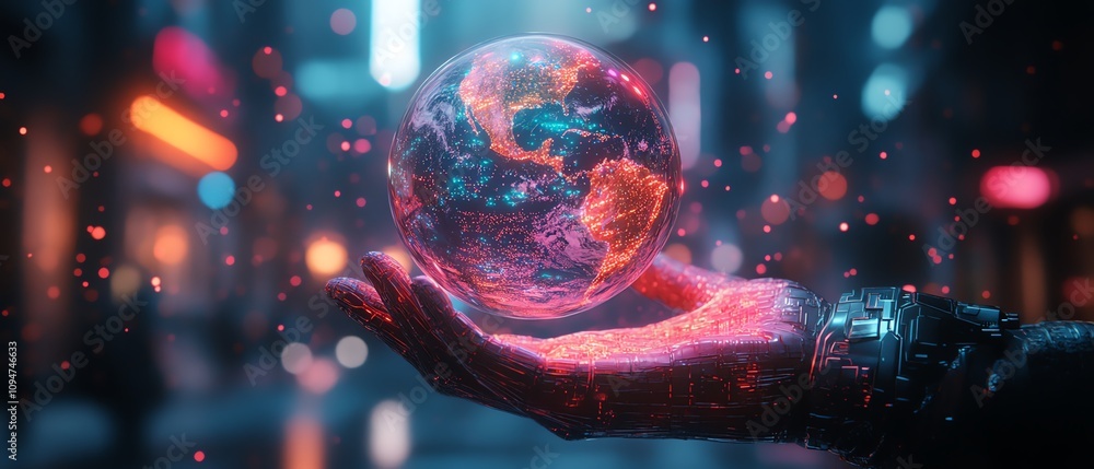 Leinwandbilder 3d rendering of a glowing earth hologram floating above a hand, with neon lights and cyberpunk aesth