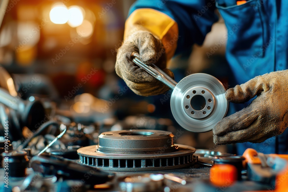 Poster detailed close-up of a mechanic in blue uniform changing brake parts using tools in a well-organized