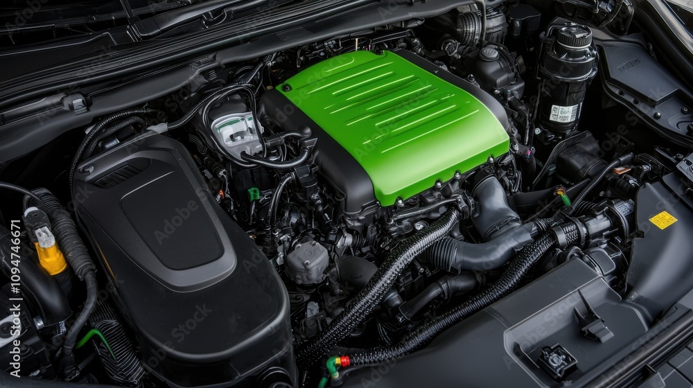 Poster innovative hybrid engine bay showcasing friendly design and cutting-edge technology for enhanced per