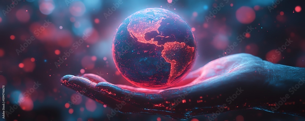 Leinwandbilder 3d rendering of a glowing earth hologram above a hand, illuminated by neon colors and enhanced with 
