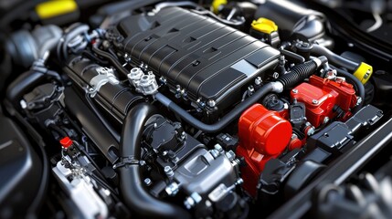 Fototapeta premium Close-up View of an Illuminated Engine Bay with Soft Studio Lighting Showcasing Engine Components and Detailed Mechanics in High Definition