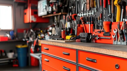 Fototapeta premium Organized Tools in a Bright Garage Workbench Setup