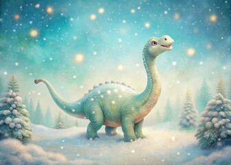 Vintage Style Photography of a Chubby Baby Diplodocus Twirling Joyfully in the Snow with Swirling Snowflakes