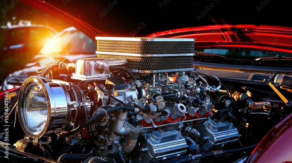 Poster dynamic engine bay highlighting speed and performance