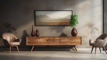 A sophisticated interior design with wooden sideboard and comfortable armchairs. Ideal for a chic modern living room.