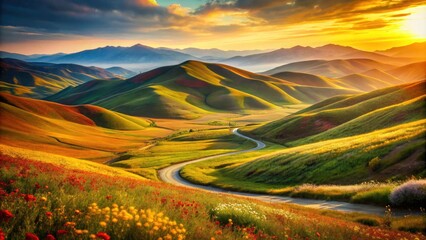 Warm Colorful Rolling Hills and Winding Road Landscape in Macro Photography