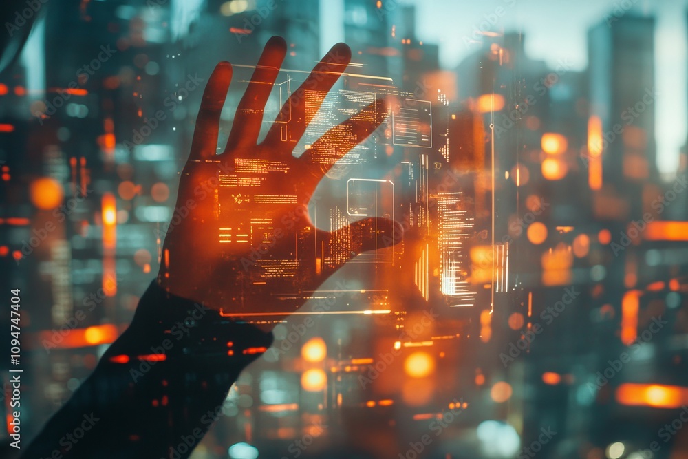 Poster futuristic digital interaction and innovative technology concept with a human hand reaching towards 