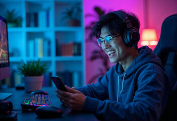 Happy asia man gamer wear headphone competition play video game online with smartphone colorful neon light in living room at night modern house. Esport streaming game online, Home quarantine activity