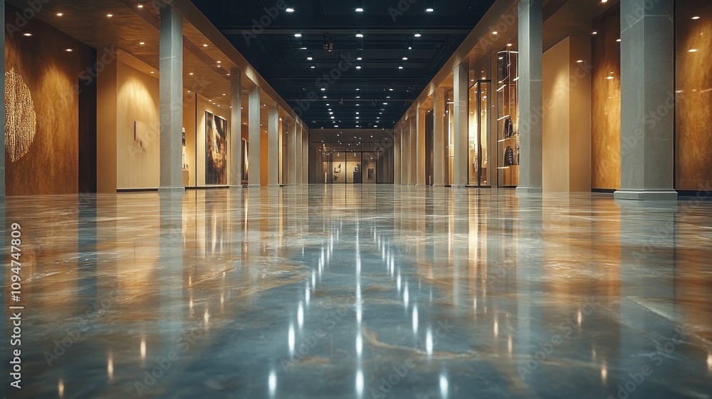 Poster empty hallway with polished floor and columns