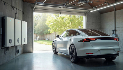 Concept of a home battery packs alternative electric energy storage system at modern home garage wall as backup or sustainable energy concepts