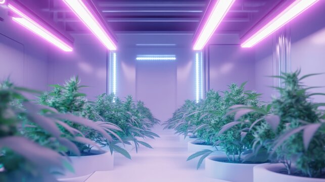 Modern indoor cultivation facility showcasing healthy cannabis plants under vibrant LED lights