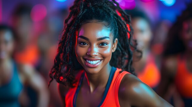 Fitness instructor teaching step aerobics, lively group session, colorful studio