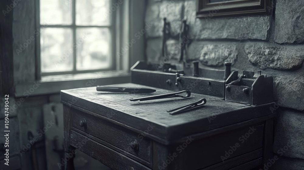 Poster a rustic workbench with tools and a window