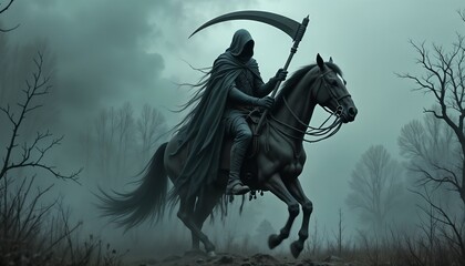 Grim horseman background with rider in tattered cloak wielding scythe in haunting landscape
