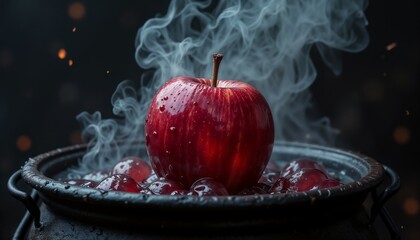 Malevolent apple essence swirling in a dark cauldron, the air thick with magic and danger, evoking feelings of dread and dark enchantment