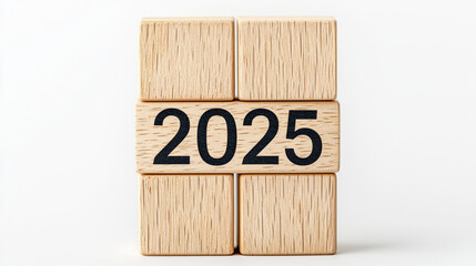 Close up of wooden cubes displaying year 2025, symbolizing future planning and optimism. natural wood texture adds warmth and simplicity