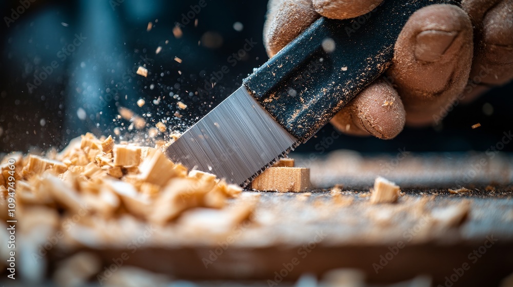Poster close-up of a hand using a chisel to carve wood