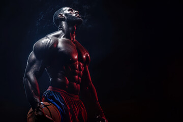 Photorealistic design of a Basketball player with muscles wearing a navy red