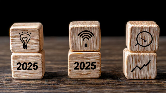 Innovative wooden cubes displaying year 2025 and various icons symbolize progress and technology. These cubes represent future trends and advancements - Powered by Adobe